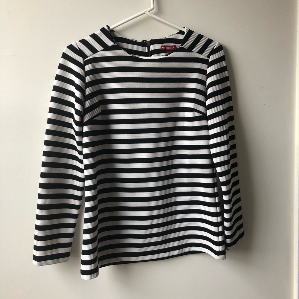 Merona Striped Sweater Women XS Black White Long Sleeve Back Zip Ribbed Knit